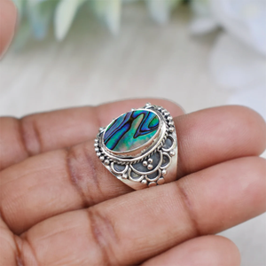 Hecho a mano Plata de Ley 925 Classic Gemstone Bisel Ajuste Anillo de bodas Promesa personalizada Regalo de joyería Corte ovalado Abalone Compromiso - Product Image 1