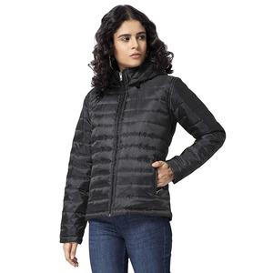 Veste matelassée à capuche noire pour femme, manches longues, manteau d'hiver, rembourrage en polyester, fermeture éclair, couleur unie, coupe classique - Product Image 3