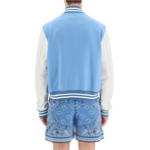Veste de sport bleu clair pour homme avec manches blanches, style preppy, col rabattu, fermeture boutonnée, coupe classique, vêtement de printemps - Product Image 3