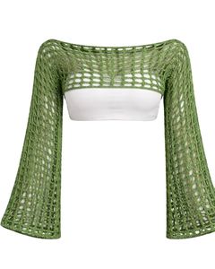 Customized Womens Green <b>Crochet</b> Knit Cropped Sweater Open Weave Design Off Shoulder Look Long Flare Sleeves Stylish Fashion <b>Top</b> - Product Image 1