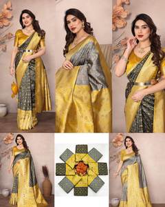 Colección de Sari de Ropa Étnica tradicional para mujer con diseño de impresión digital Jacquard en tela de seda suave Lichi - Product Image 6