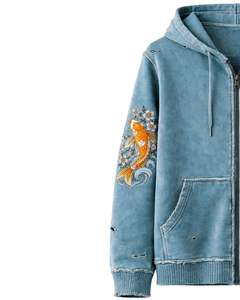 Sweat à capuche zippé bleu délavé avec broderie de poisson koi, streetwear délavé, vêtement personnalisé OEM, veste en coton teint en pièce - Product Image 2