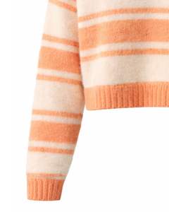 Customized Peach White Striped <b>Women</b> V Neck Knit Sweater Soft Fuzzy Fabric Long Sleeve <b>Cropped</b> Winter Casual Fashion Pullover - Product Image 6