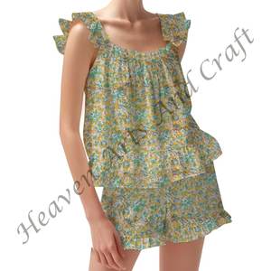 Shorts <b>Pajama</b> Set <b>For</b> <b>Women</b> Wear Autumn Spring/<b>Summer</b> Floral Fitted Strappy Ruffle Trim Sleeves PJ Set - Product Image 5