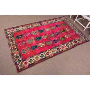 Vintage Turkish Rug 4.2x7 ft, <b>Red</b> Area Striped <b>Wool</b> Rug - Product Image 2