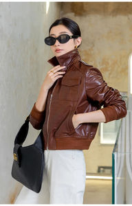 2024 Trend <b>Vintage</b> Cropped Bomber <b>Jacket</b> High-End Genuine Cowhide Leather Shiny Brown <b>Motorcycle</b> <b>Jacket</b> Embroidered for Men - Product Image 2