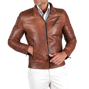 Chaqueta de cuero de piel de vaca auténtica marrón personalizada de alta calidad para hombre con cuello levantado y logotipo frontal estilo Vintage con capucha transpirable - Product Image 3
