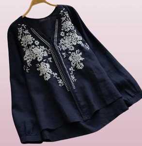 Ropa de oficina de verano para mujer, blusa Vintage de algodón de manga larga, decoración de encaje bordado, Túnica con cuello en V, estilo dulce, liso, Natural - Product Image 3