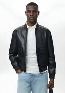 Chaqueta Bomber de Cuero Negra para Hombre, Estilo Minimalista, Chaqueta Universitaria, Piel de Cordero Suave, Cuello Alto, Corte Entallado, Ropa de Abrigo de Invierno, Informal - Product Image 2