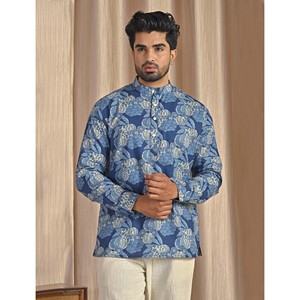 Kurta court en coton popeline bleu imprimé pour homme, chemise décontractée à manches longues, respirante et confortable - Product Image 3
