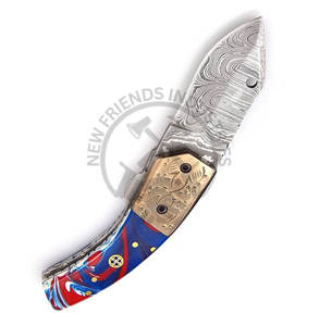 Portable Handmade Damascus Steel Folding Pocket Knife Engrave Brass Bolster Resin Handle-Multi-Functional Camping EDC Knife - Product Image 2