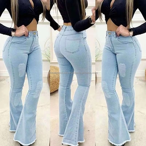 Jeans clásicos de mezclilla azul para mujer, de cintura alta, corte ajustado, estilo campana, pantalones de mezclilla para mujer. - Product Image 2