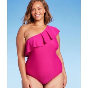 Costume da bagno intero da donna Kona Sol ad alta copertura con volant e design monospalla rosa, taglia 18 - Product Image 1