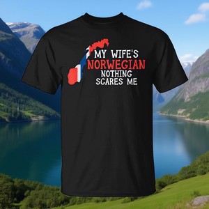 Camiseta promocional de Noruega con la frase: Mi esposa es noruega, nada me asusta, esposo. - Product Image 3