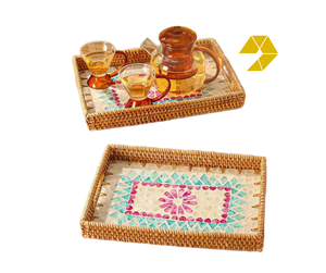 ชุดถาดหวายปักลายมุก3ถาดหวายพร้อมที่จับเหมาะสำหรับการตกแต่งโต๊ะสไตล์โบโฮจากเวียดนาม - Product Image 1