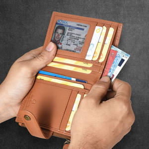 Genuine <b>Leather</b> Bi-fold <b>Men</b> <b>Wallet</b> with Closure Button and Zipper - Product Image 6