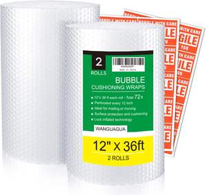 Lot de 2 rouleaux de film à bulles de 12 pouces x 72 pieds pour l'emballage des boîtes de déménagement, fournitures de protection pour l'expédition, perforés tous les 12 pouces - Product Image 1