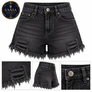 Shorts en jean skinny taille haute déchirés et usés pour femme VANIA ENTERPRISES avec ceinture, style vintage, été, noir, coton - Product Image 4