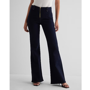 Jambes larges mode taille moyenne couleur unie pantalon évasé fermeture à glissière bas de cloche jean respirant pour les femmes - Product Image 1