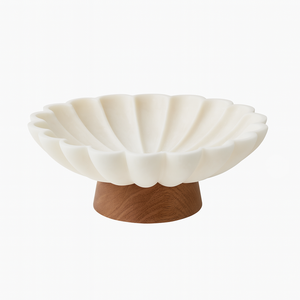 Floral White <b>Petal</b> Marble Bowl on Wooden Base Luxury Handcrafted Home Decor Trending Centerpiece Modern Sculptural Fruit Bowl - Product Image 4
