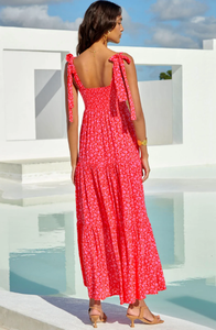 ชุดเดรสยาวแบบลำลองสำหรับผู้หญิงแขนกุดพิมพ์ลายดอกไม้หลายชั้นกระดุมทอยาวระดับเอวตามธรรมชาติ - Product Image 4