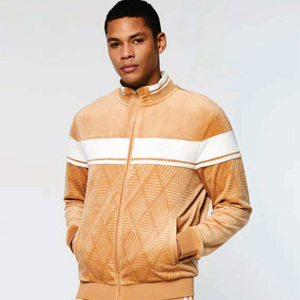 <b>Men</b> camel brown tracksuit set velour zip up jacket and <b>pants</b> with <b>white</b> stripe casual athletic two piece sportswear - Product Image 2