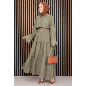 Conjunto de Dos Piezas con Encaje Verde Oliva, Top Corto Informal para Mujer, Falda con Estampado Sólido, Corte Ajustado para Primavera/Verano/Otoño - Product Image 3