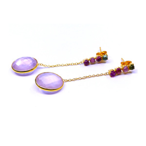 Wedding Wear 925 Sterling Silver Gold Plated <b>Rose</b> <b>Quartz</b> Gemstones Attractive Elegant Hanging Chain <b>Earrings</b> - Product Image 5