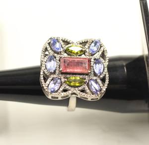 Bague en argent sterling 925 Tourmaline naturelle Tanzanite diamant taille unique plaqué rhodium pour fiançailles anniversaire mariage - Product Image 4