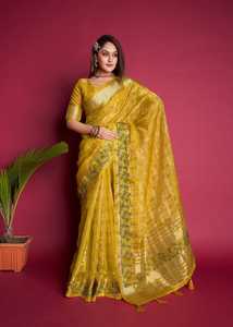 Premium Tissue <b>Organza</b> <b>Silk</b> Saree With Fine Embroidered Work on Border and Pallu with Zari Weaving With Fancy Latkans Wholesale - Product Image 2