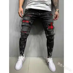 Newly Arrived Custom High Waist Skinny Jeans Patch Ripped Hole Men Stacked Pants Men Stretch Trousers Jeans