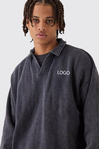 Drop Shoulder Oversized Acid Wash V Neck Sweatshirts Hoodies 100% Cotton Custom Logo College Pullover <b>Thick</b> Streetwear - Product Image 3