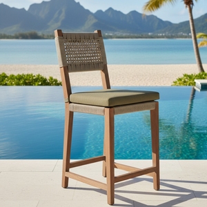 Tabouret de bar traditionnel en bois massif avec dossier en corde tressée et siège rembourré pour la maison, la salle à manger, le café et l'usage commercial - Product Image 1