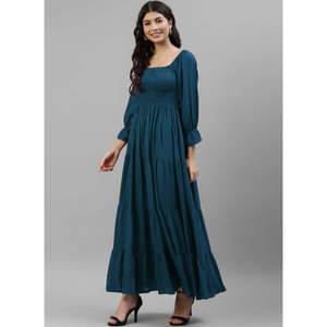 DEEBACO Women's Solid Viscose Rayon Smocked Tiered <b>Dress</b> 3/4 Puff Sleeves Square Neck Fit & Flare Maxi Length Summer Western - Product Image 3