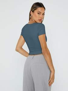 Tops cortos básicos de verano para mujer, camisetas de punto de manga corta con cuello cuadrado, Camisetas básicas con patrón bonito y sólido para salir - Product Image 4