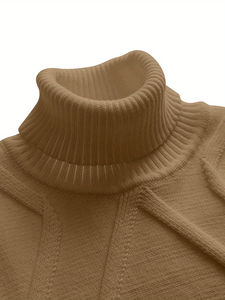 Jersey de punto de manga larga con cuello alto para hombre, color sólido en forma de flor tridimensional a la moda para invierno-cedro - Product Image 4