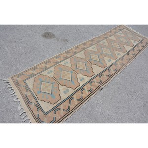 Alfombra turca Vintage azul Beige clásica 2,8X9,7 pies diseño de retazos hecho a mano lana bambú seda látex para sala de estar pasillo rectángulo - Product Image 2