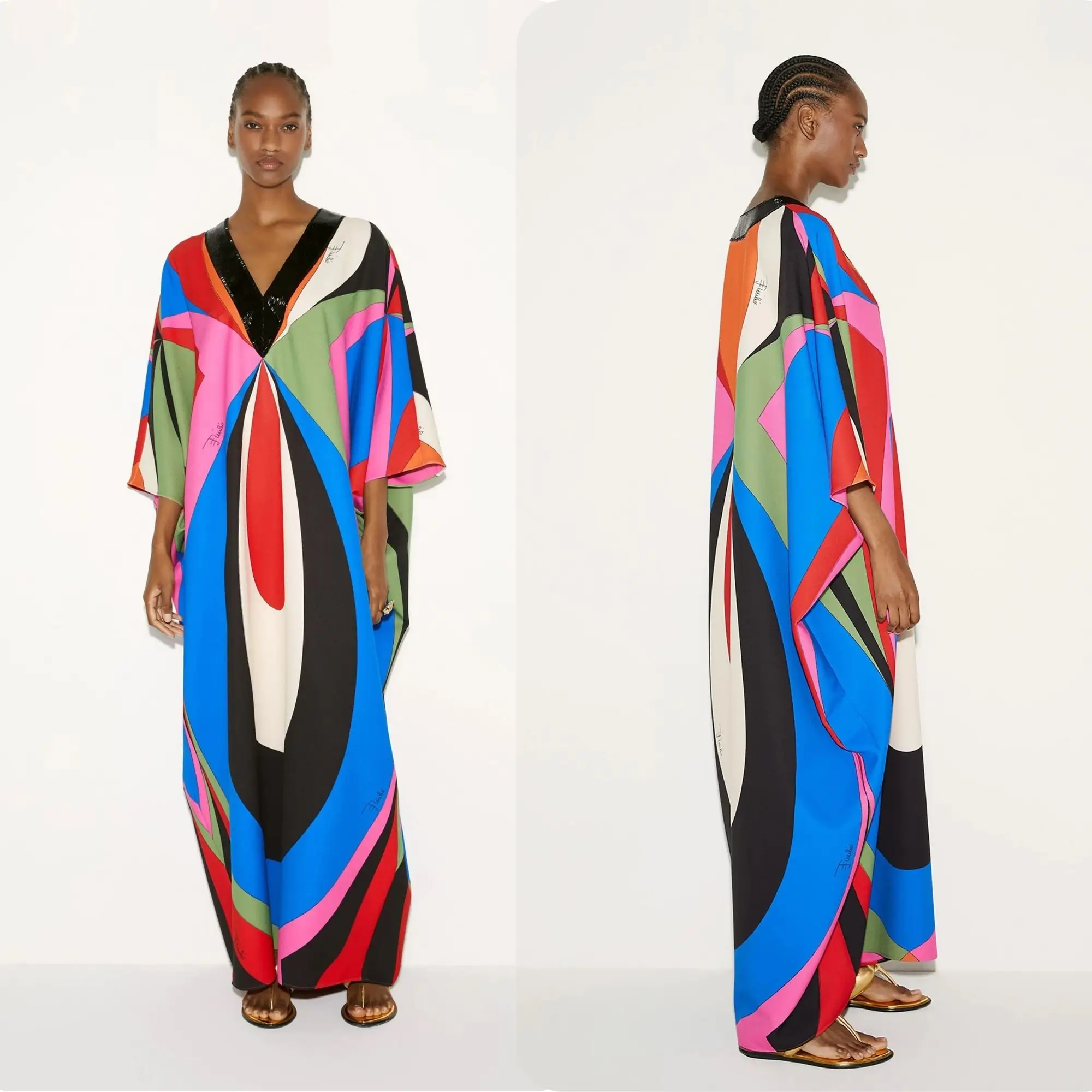 Multicolor Imported Party Wear Digital Printed Women Long Kaftan With V-Neck Style Sequence Work