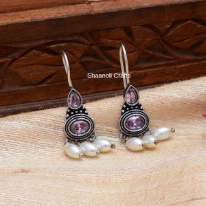 Indian Style Designer Party <b>Favors</b> Silver Oxidized Hook Earrings With Stud Gemstone Work Jhumkas Earring Jewelry for Women - Product Image 5