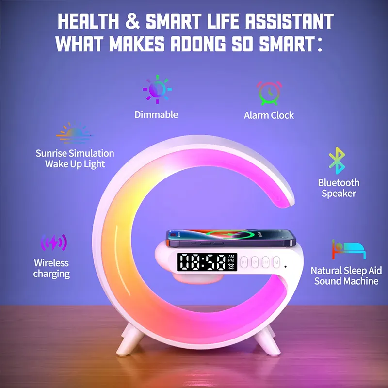 New Arrival G Shaped Phone Wireless Charging Lamp With Bt Speaker Alarm Clock Rgb Light