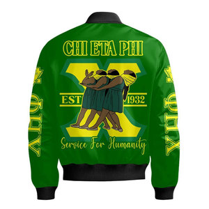 Blouson bomber noir pour homme Chi Eta Phi, imprimé numériquement, fermeture éclair sur le devant, coupe-vent décontracté avec logo vert et numéro 32 - Product Image 6