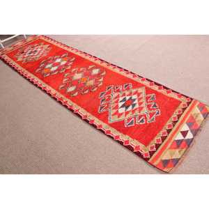 2.8x11 ft Vintage <b>Runner</b> Rug, <b>Red</b> Purple Turkish Patchwork Wool Rug - Product Image 3