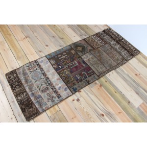 Turkish Vintage Eco-Friendly Fringed Rug 2.2x5.9 ft (68x180 Cm) Patchwork <b>Brown</b> <b>Wool</b> with Latex Backing - Product Image 2