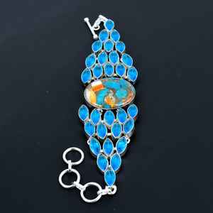 Pulsera de Plata de Ley 925 Hecha a Mano con Piedra de Nacimiento de Diciembre, Topacio Azul y Ostra Espinosa Naranja Natural para Ella - Product Image 4