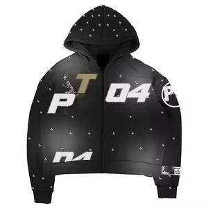 Sudadera con capucha y cremallera para hombre de la mejor calidad Sun Faded 100% algodón parche bordado desgastado Rhinestone Top Trend diseño de impresión sólida - Product Image 3