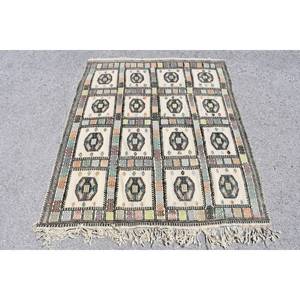 Tapis turc Vintage traditionnel Beige noir 4.3 X 5.4ft fait à la main Patchwork Design laine Polyester matériel avec Latex pour chambre - Product Image 1