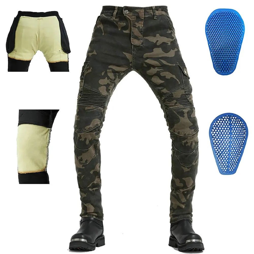 Motorcycle Riding Wear Resistant Motorbike Racing Kevlar Lined Pants With CE Knee Hip Removable Armored Mens Camo Cargo Pants