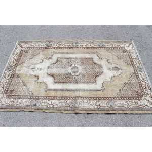 Turkish Vintage Area Rug 6.5x6.1 ft, <b>Brown</b> Floral Rug <b>Wool</b> - Product Image 3
