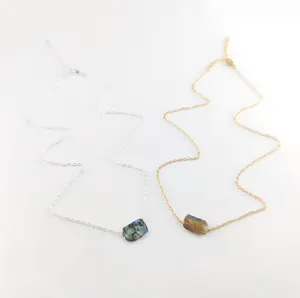 Rough Labradorite Drilled Necklaces 10-12mm Natural Stone With 3mmDrilled Gold Plated Cable Chain Necklace Rough Stone Necklaces