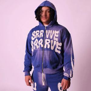 Achat en gros de vêtements streetwear à prix réduit, sweat-shirt à capuche et jogging avec impression graphique personnalisée, ensemble de survêtement en denim déchiré, 100% coton, bas prix - Product Image 3
